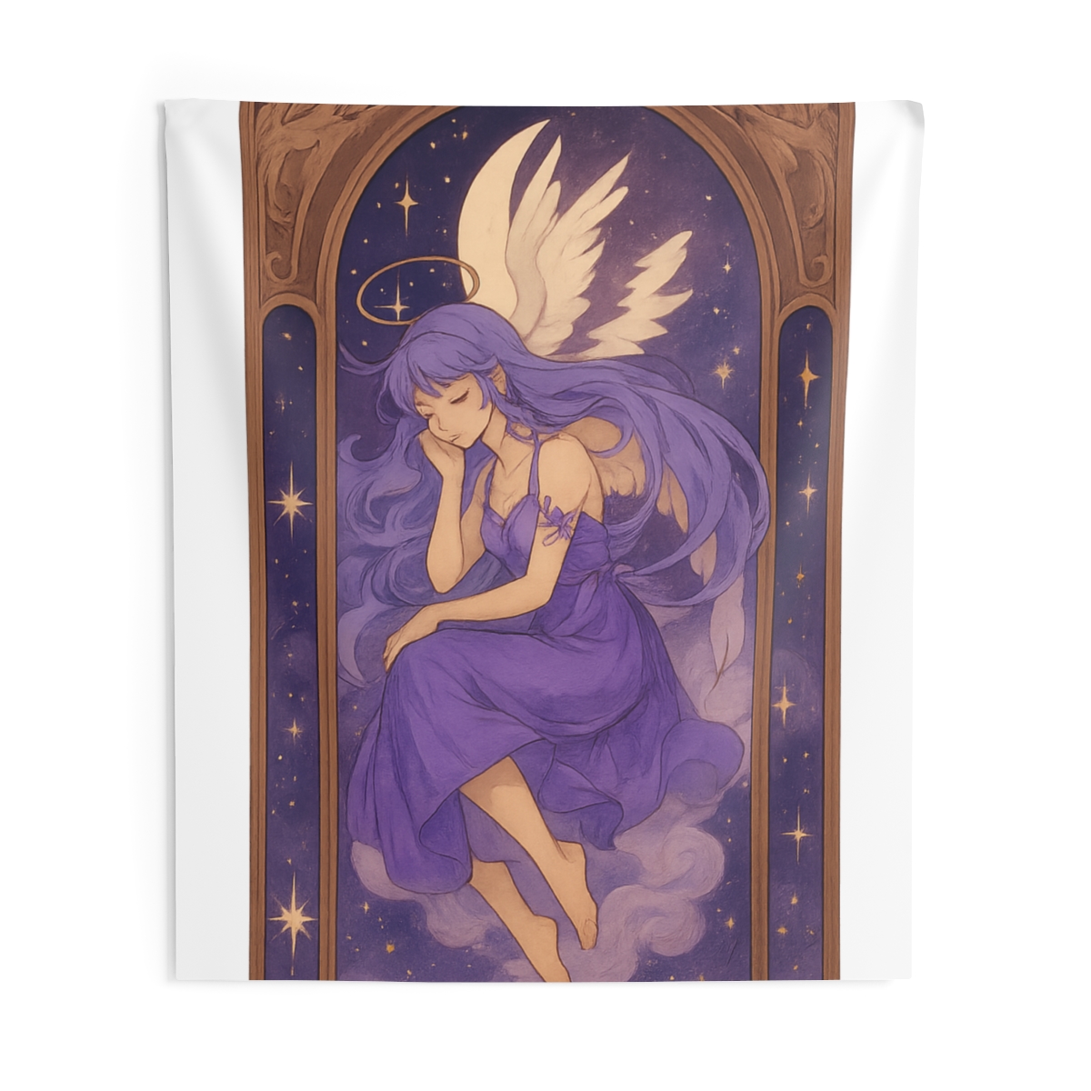 Serene Winged Angel Tapestry Purple Gold Celestial