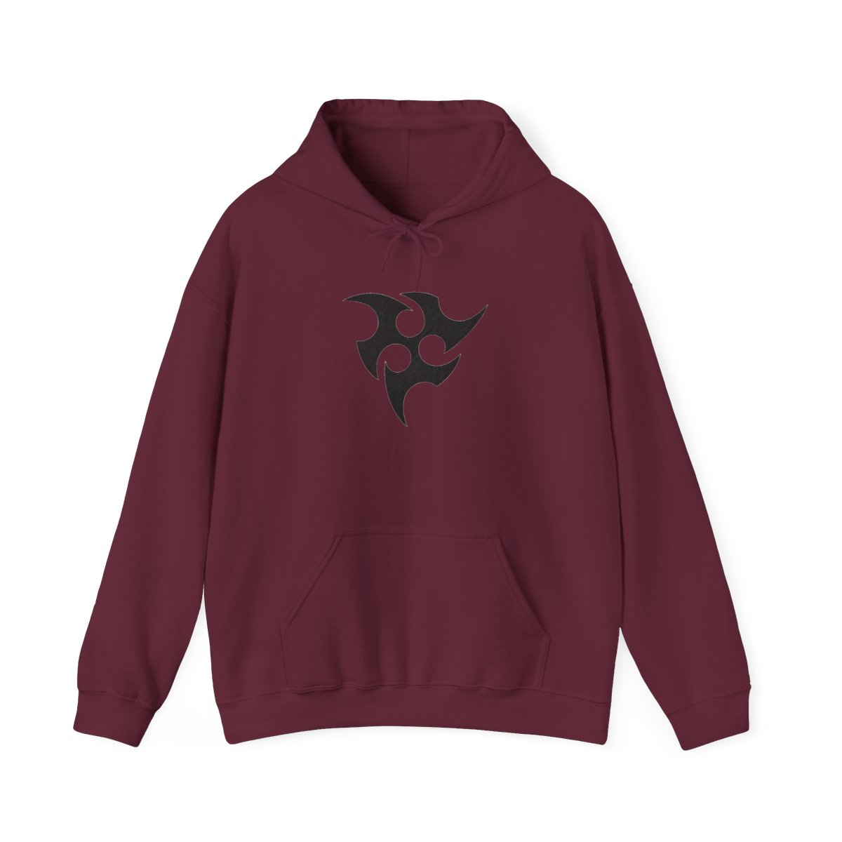 Red hooded Hoodie with a black graphic of a stylized star on the back. The graphic is surrounded by a black line and the text "Honkai Star Rail" - alternate angle 2, merchandise